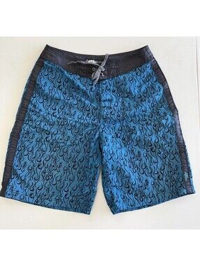 Vintage No Fear Board Shorts Mens 32 Flame Pearlescent Swim Trunks Y2K 11"
